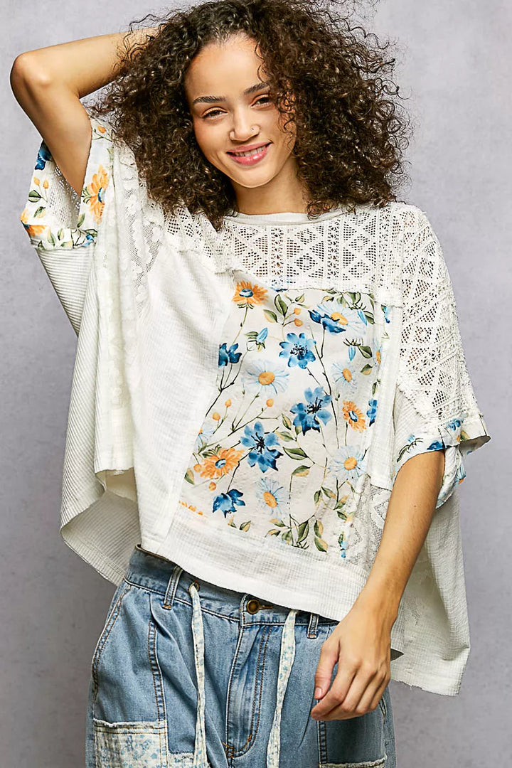 Pol Floral Patchwork Lace Accent Blouse