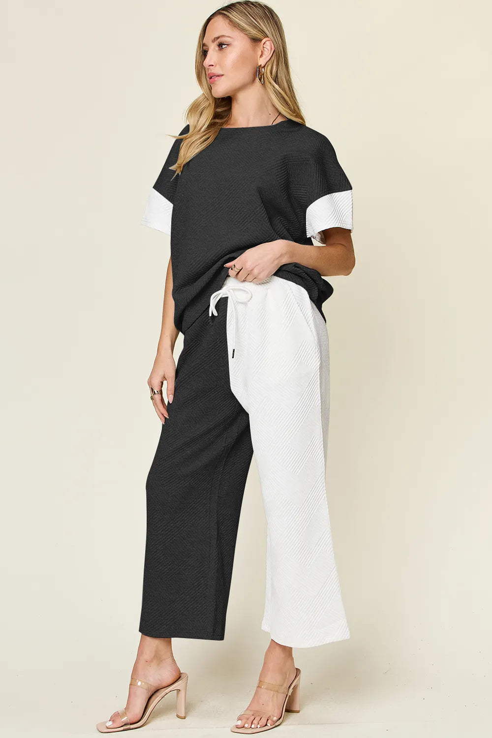 Light Gray Double Take Full Size Texture Contrast T Shirt And Wide Leg Pants Set