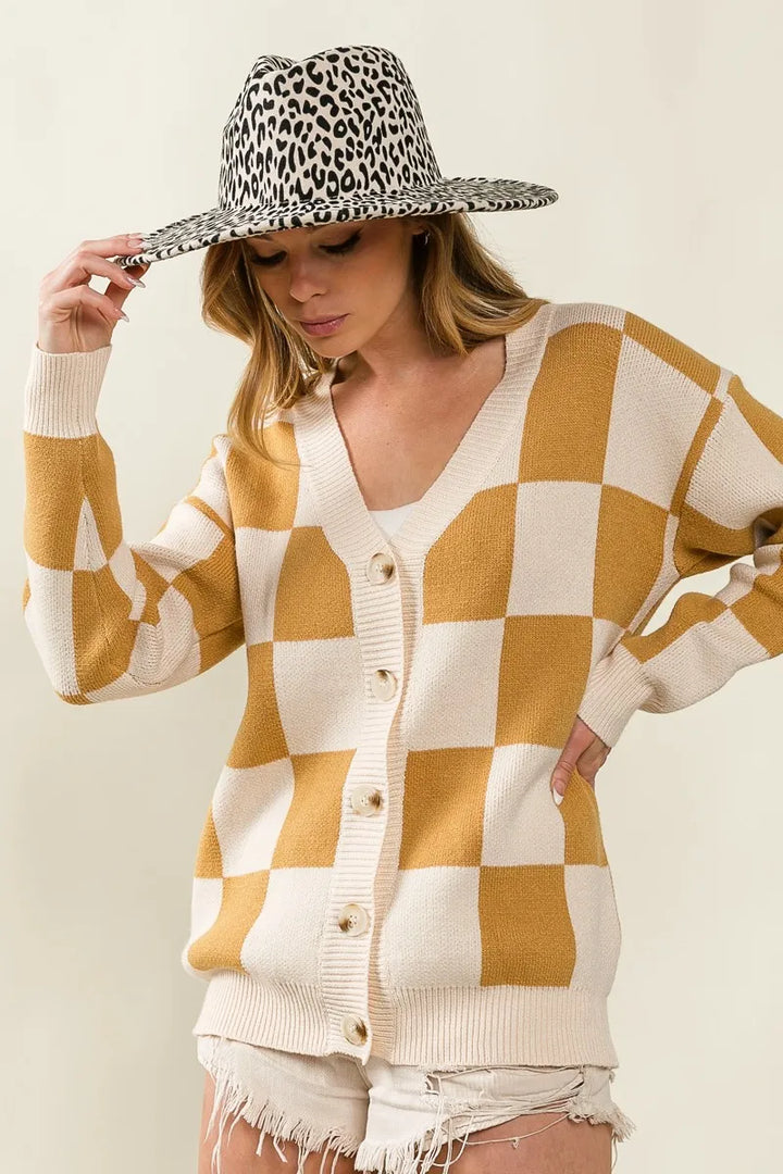 Bibi Checked V Neck Cardigan