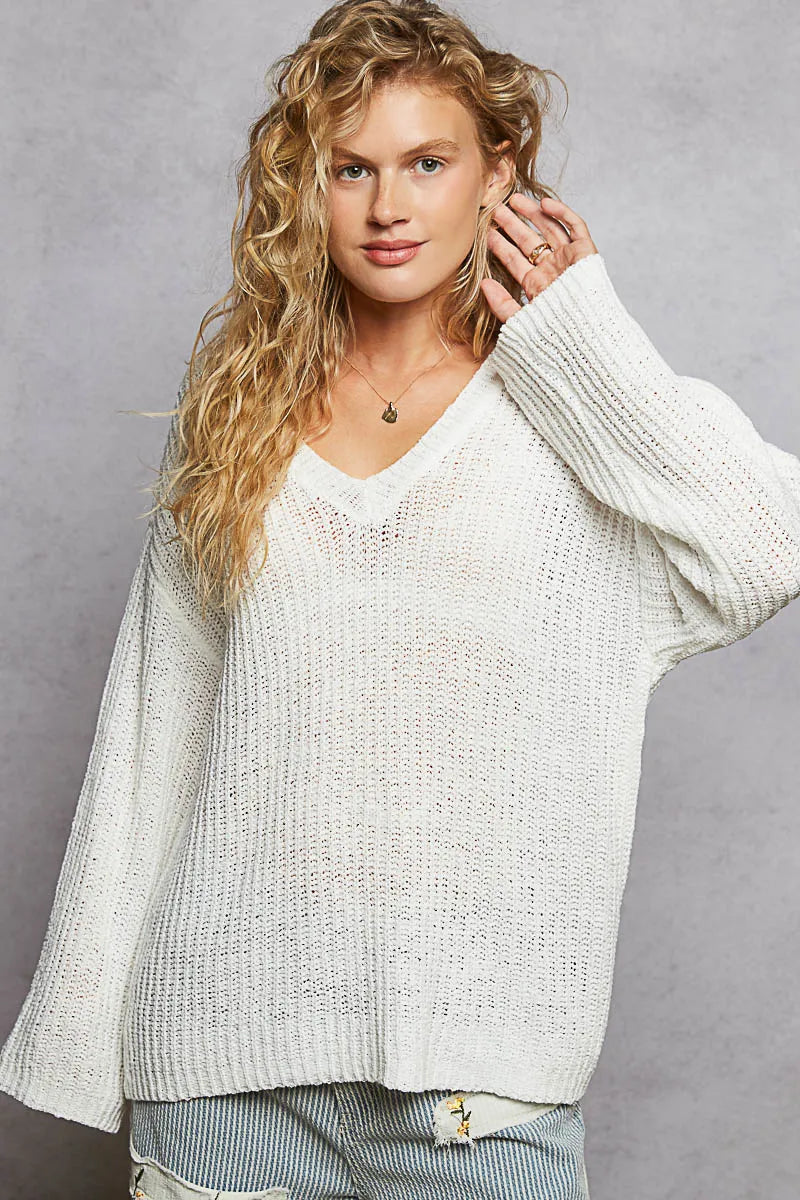 Ivory Pol Oversized V Neck Knit Top