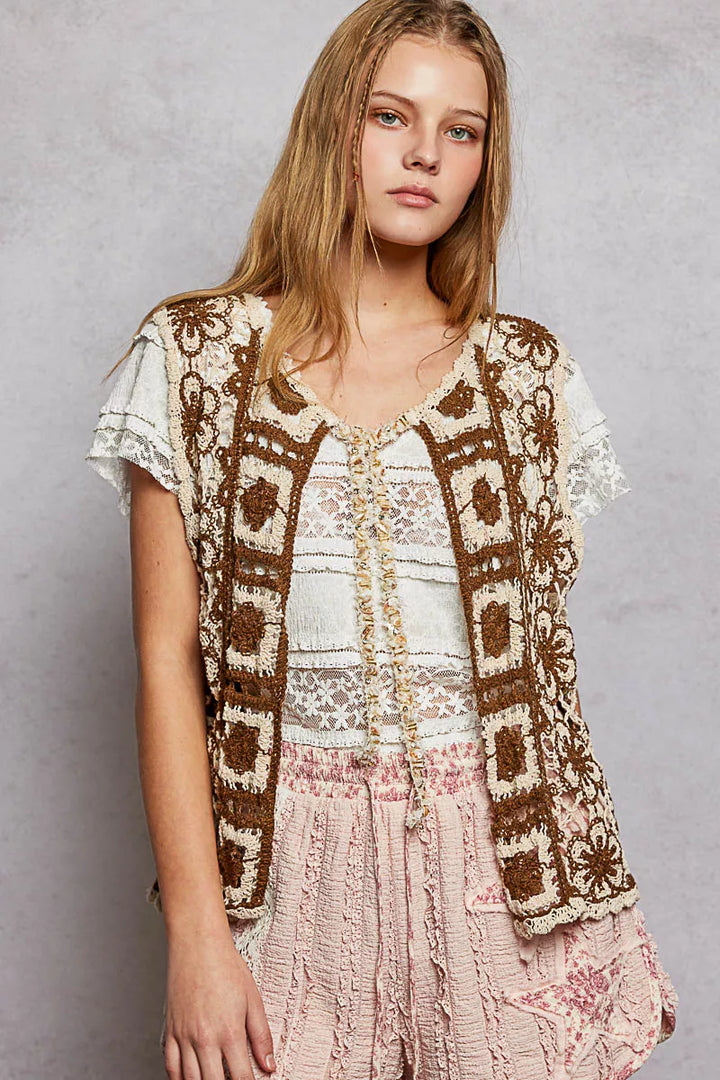Natural/Choco Pol Tie Front Floral Pattern Crochet Vest With Scalloped Edge 1