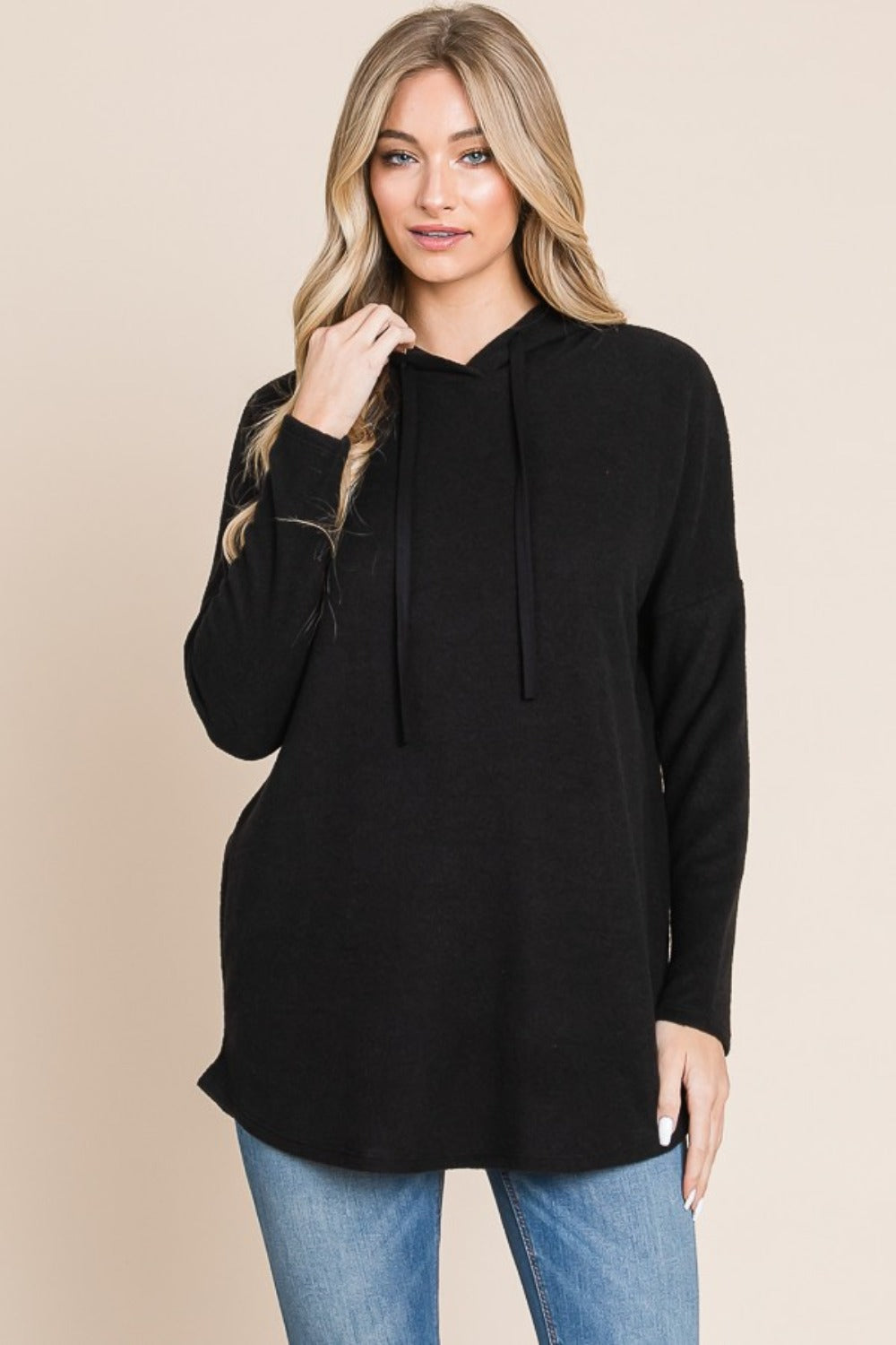 Black Bombom Contrast Drawstring Drop Shoulder Knit Hoodie