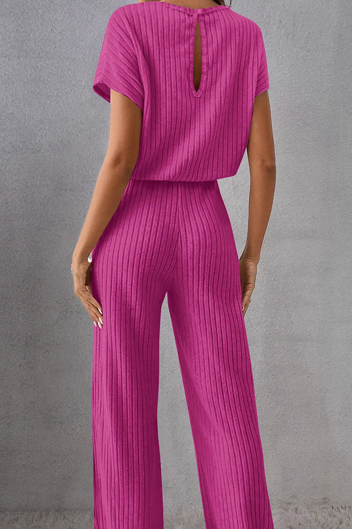 Hot Pink Round Neck Short Sleeve Jumpsuit