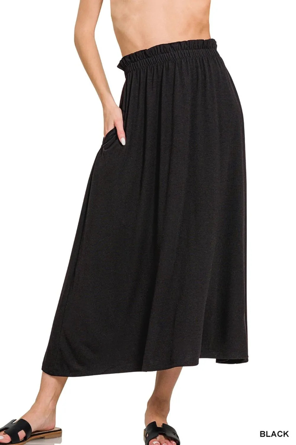 Black Zenana Paperbag Waist Midi Skirt With Pockets