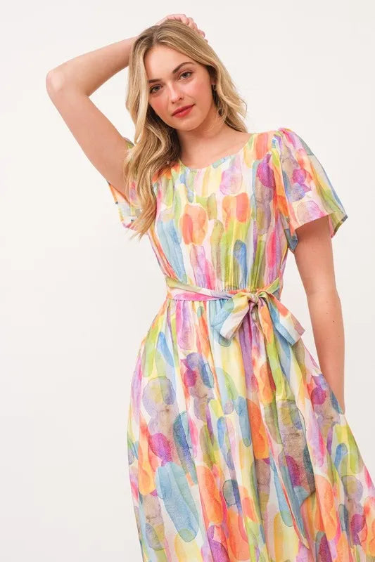 Lime N Chili Watercolor Print Tie Front Midi Dress