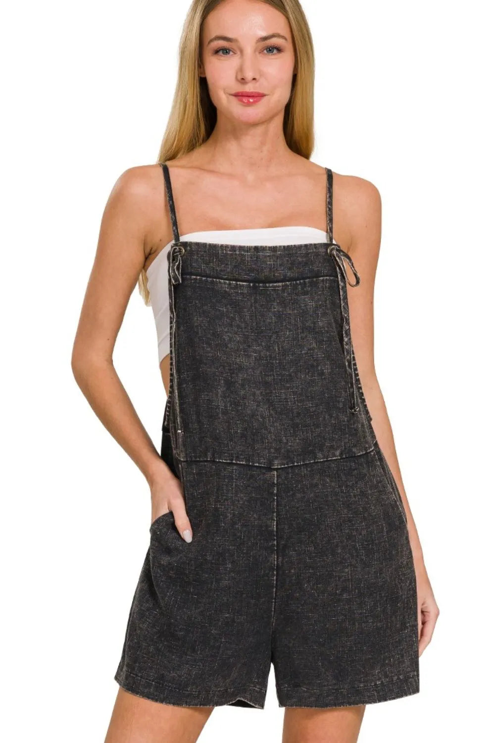 Ash Black Zenana Washed Linen Knot Strap Rompers 1