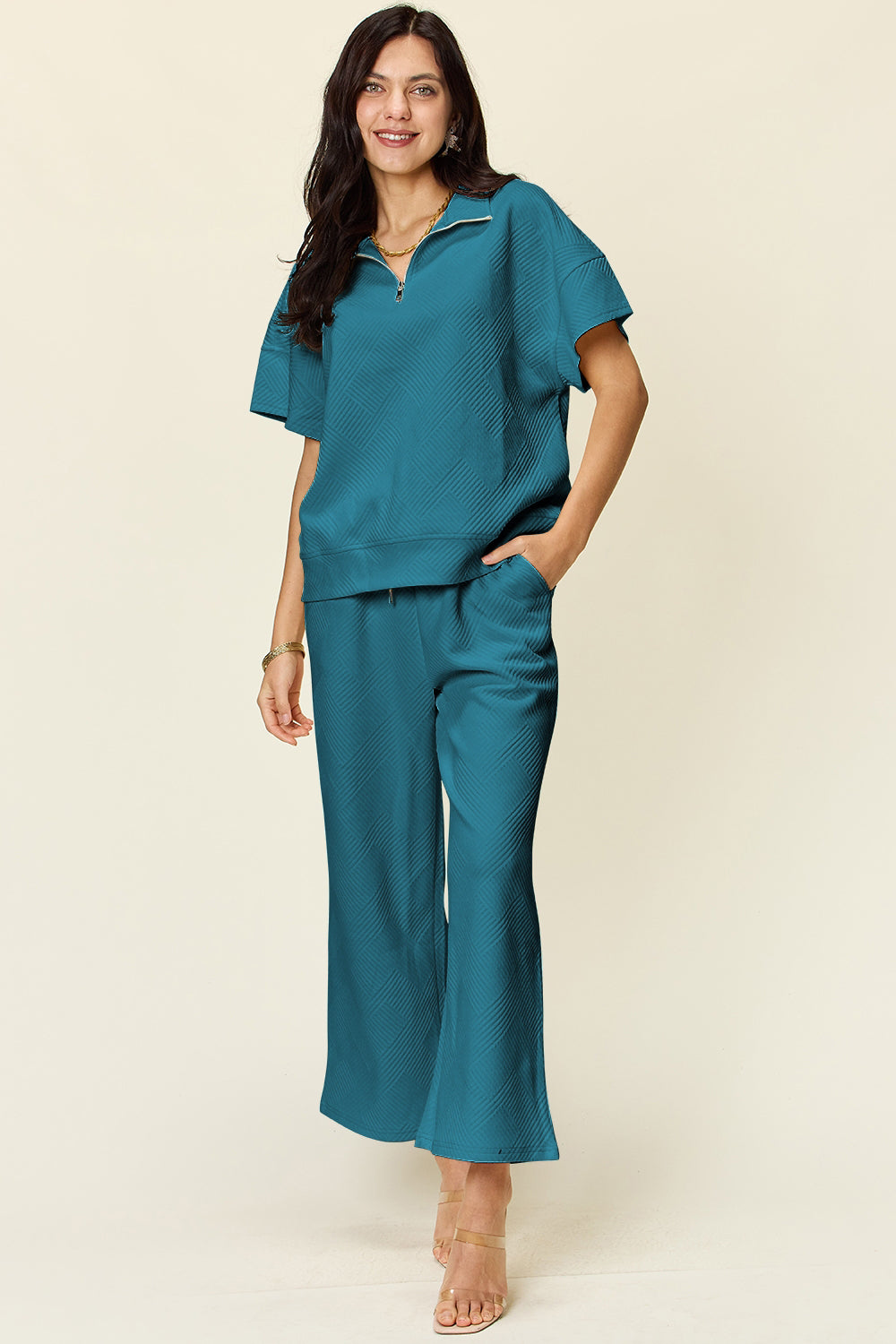 Teal Double Take Full Size Texture Half Zip Short Sleeve Top And Pants Set