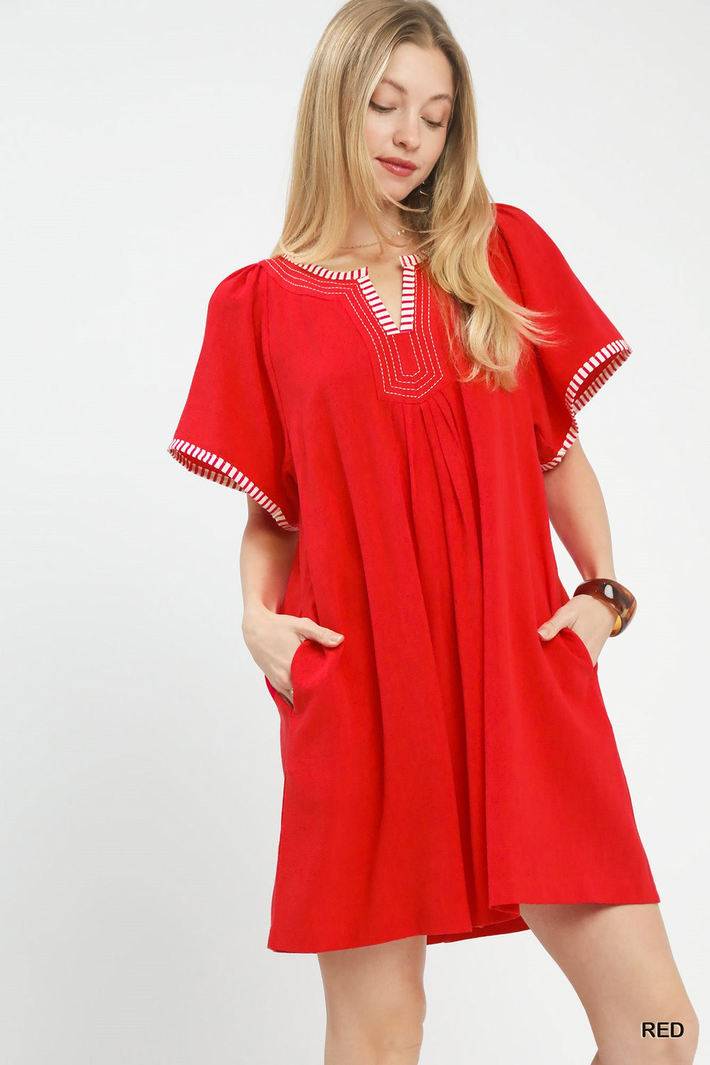Red Umgee Linen Trim Tunic Dress