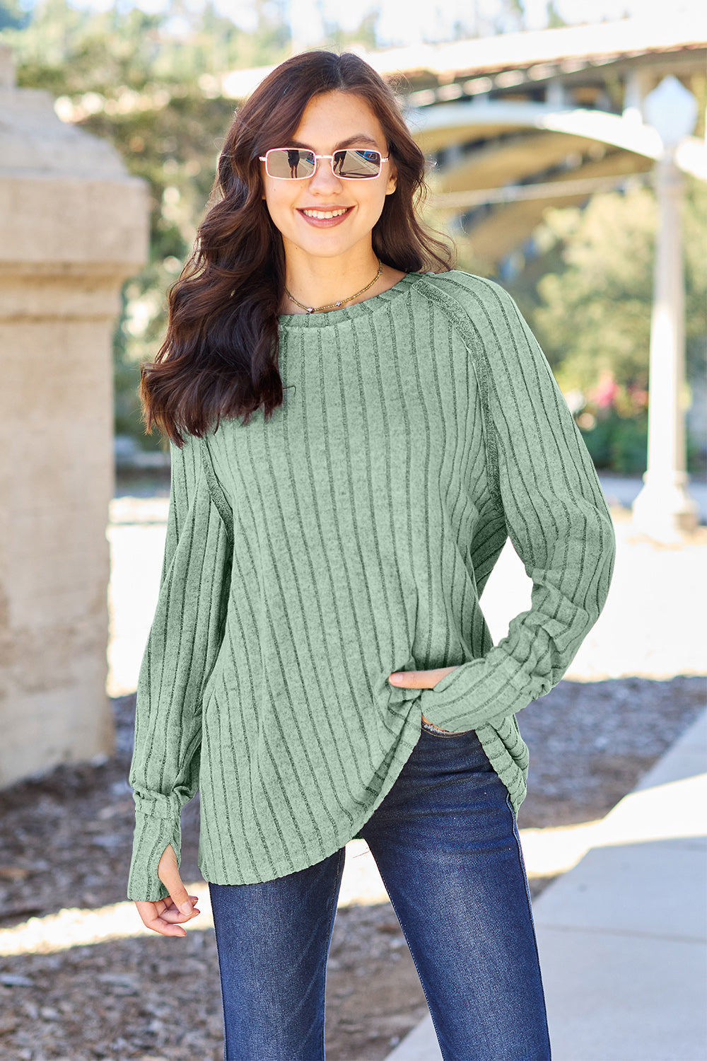 Khaki Basic Bae Full Size Ribbed Round Neck Long Sleeve Knit Top