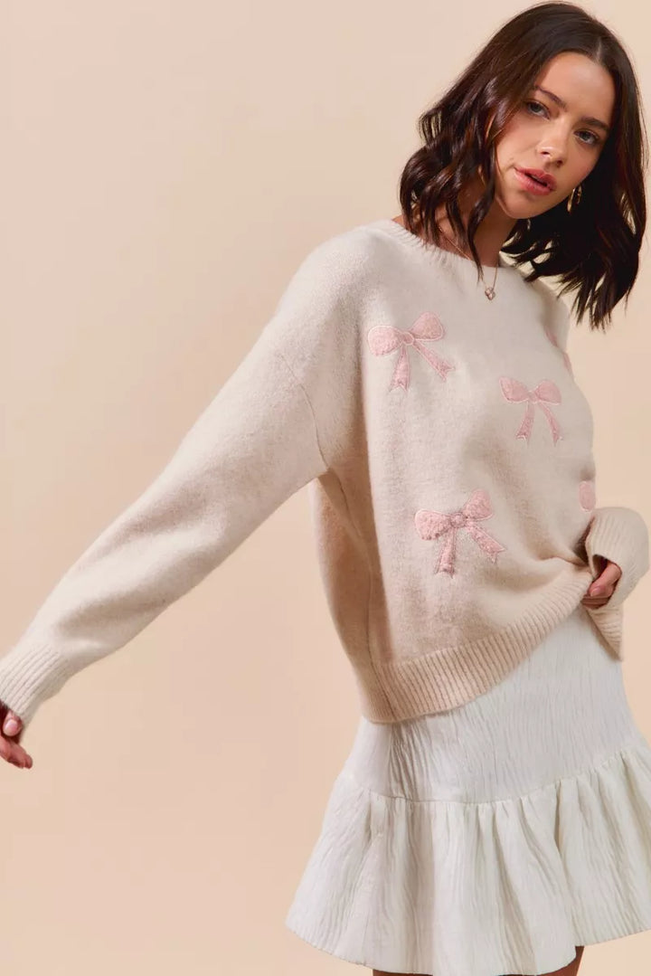 So Me Embroidered Ribbon Round Neck Sweater