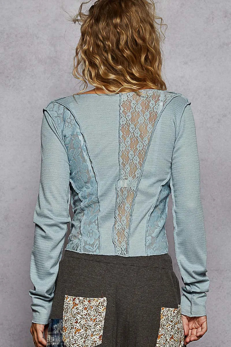 Air Force Blue Pol Lace Patchwork Long Sleeve T Shirt