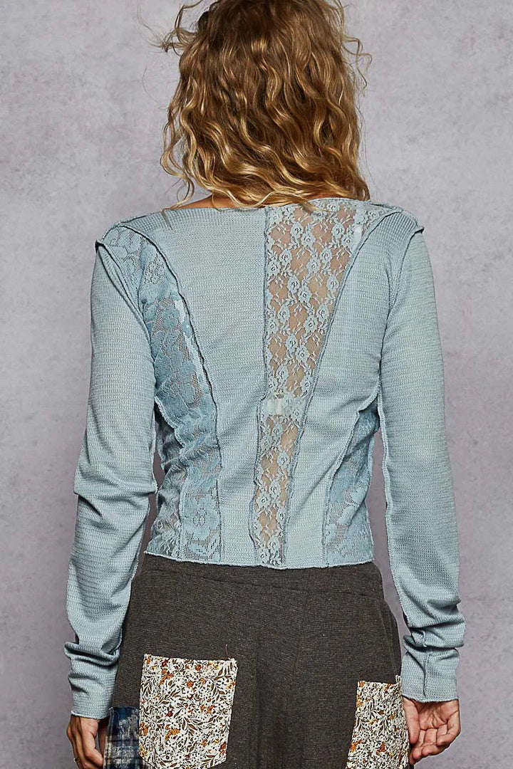 Air Force Blue Pol Lace Patchwork Long Sleeve T Shirt