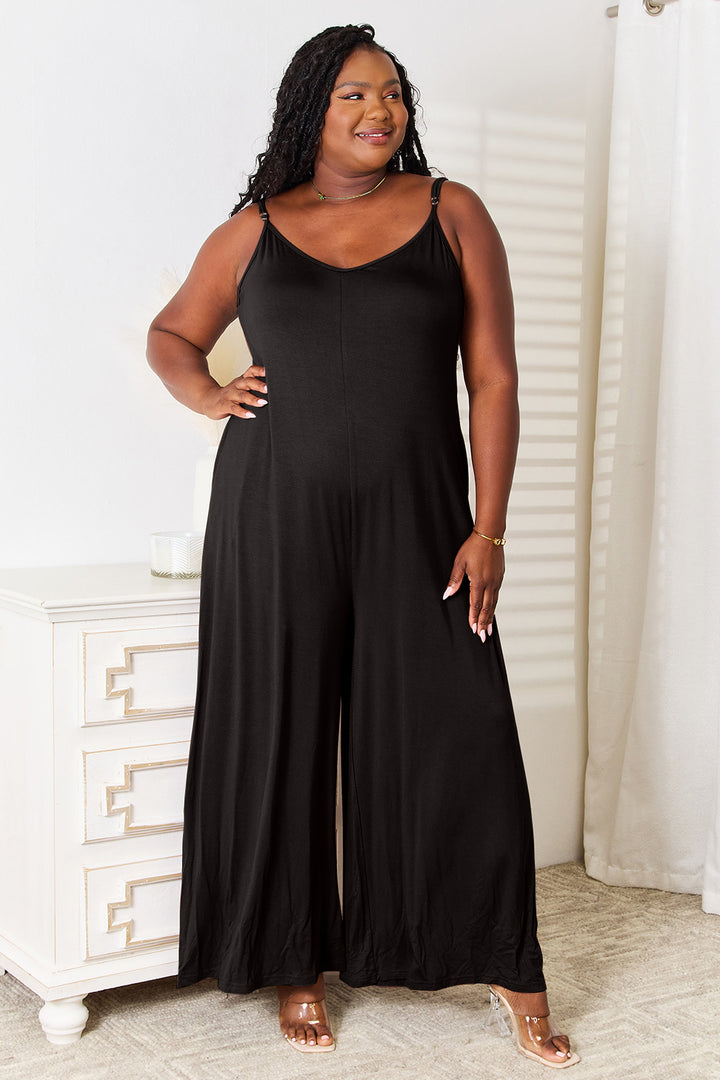 Black Double Take Full Size Soft Rayon Spaghetti Strap Tied Wide Leg Jumpsuit