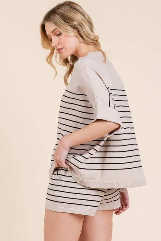 Lime N Chili Striped Folded Half Sleeve Top And Shorts Set