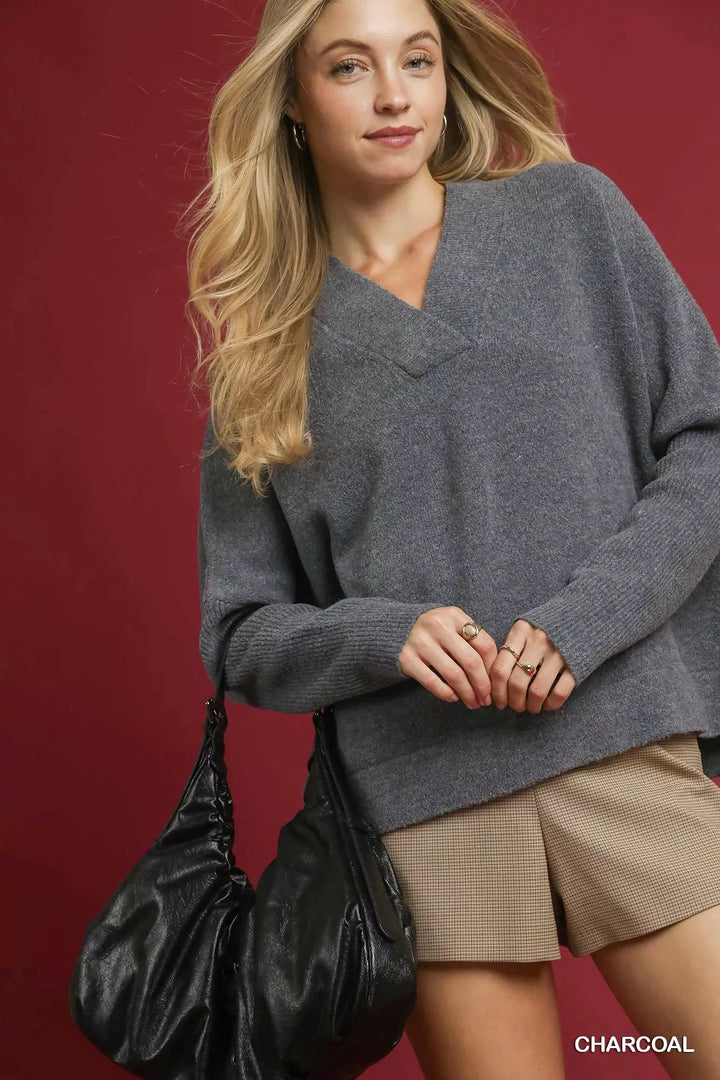 Charcoal Umgee V Neck Sweater With Wide Trim Detail