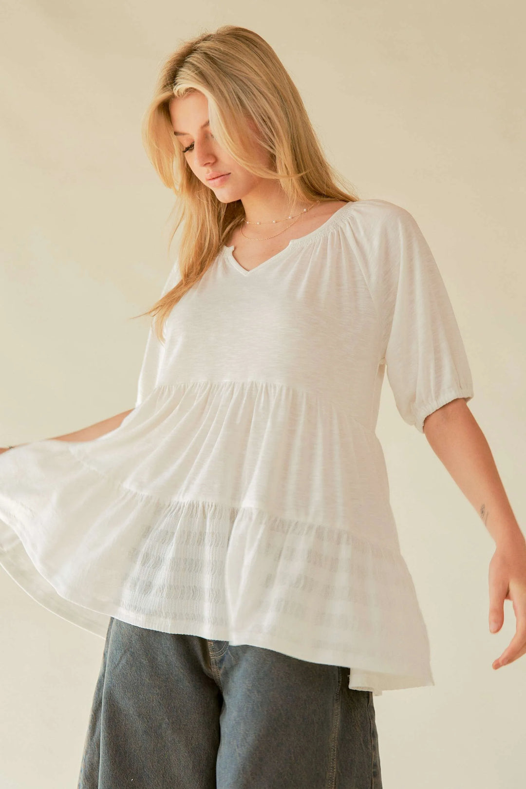 Davi Dani Ruffled Flared Short Sleeve V Neck Blouse