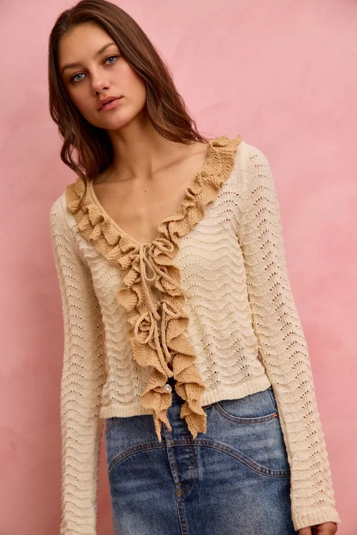 Cream/Taupe So Me Pointelle Texture Lightweight Sweater Cardigan