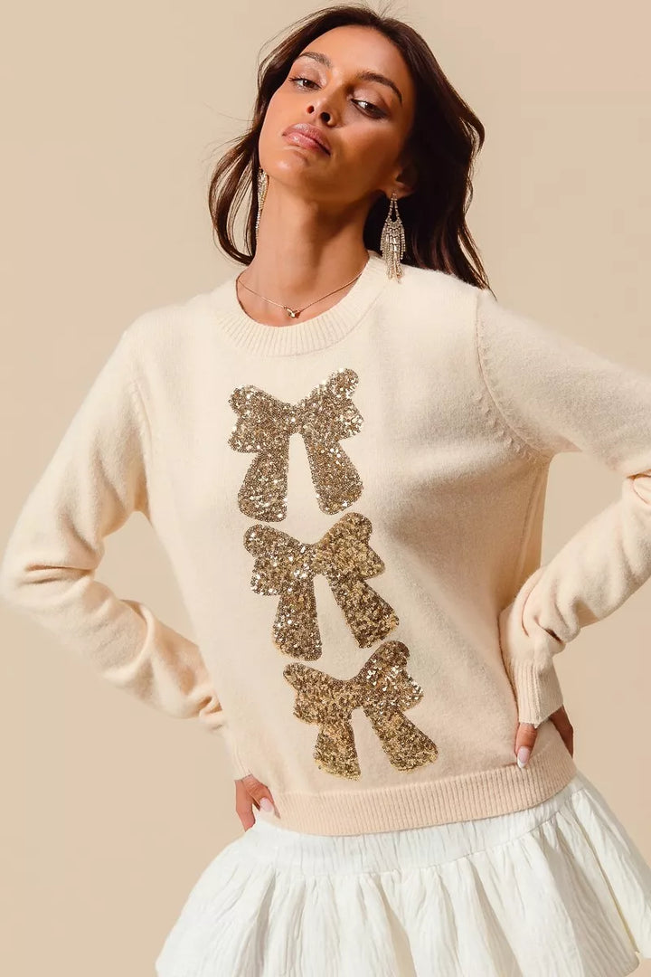 So Me Sequins Bow Ribbon Embellished Christmas Sweater