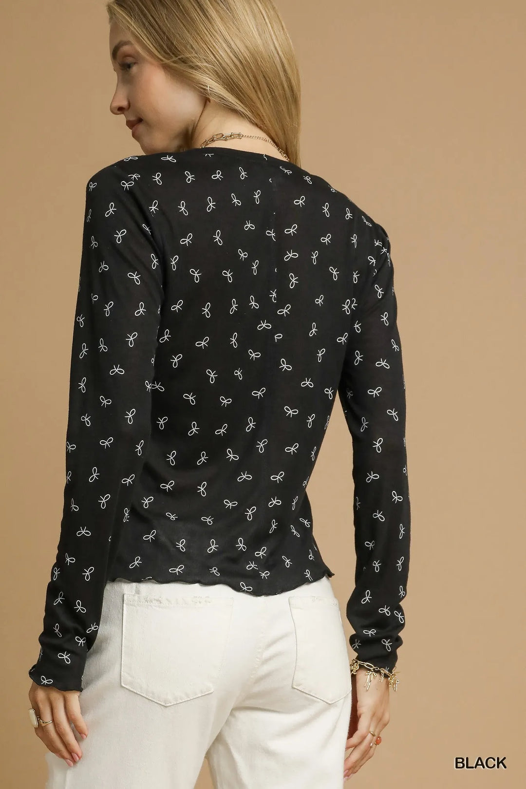 Black Umgee Bow Print Lightweight Knit Top 2