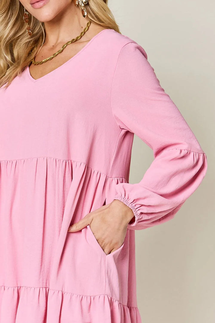 Pink Double Take Full Size V Neck Balloon Sleeve Tiered Dress With Pockets