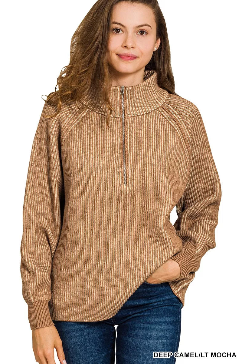 Deep Camel/Lt Mocha Zenana Ribbed Two Tone Half Zip Sweater