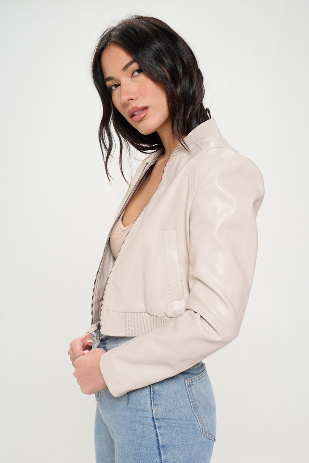 Cream Coalition La Zip Up Cropped Bomber Jacket 1