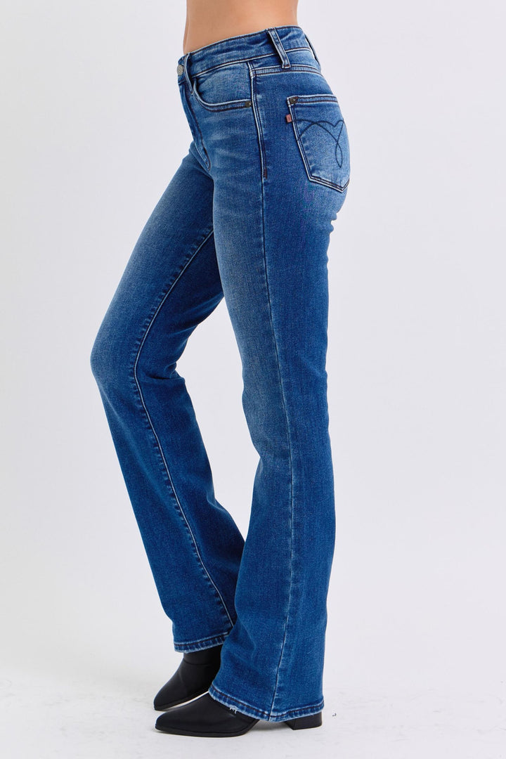 Dark Judy Blue Full Size Run Mid Rise Bootcut Jeans With Thermal Lining