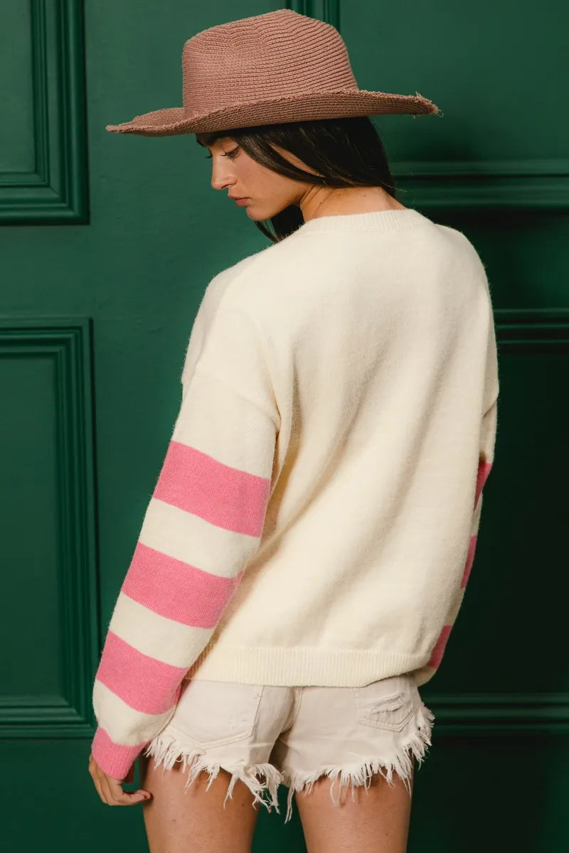 Bibi Colorful Floral Patched Sweater With Striped Sleeve