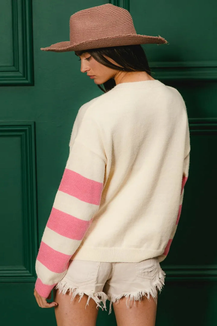 Bibi Colorful Floral Patched Sweater With Striped Sleeve