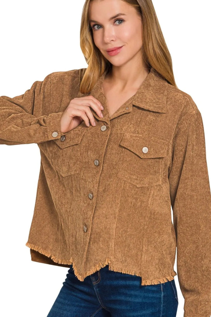 Deep Camel Zenana Distressed Corduroy Frayed Hem Cropped Jacket