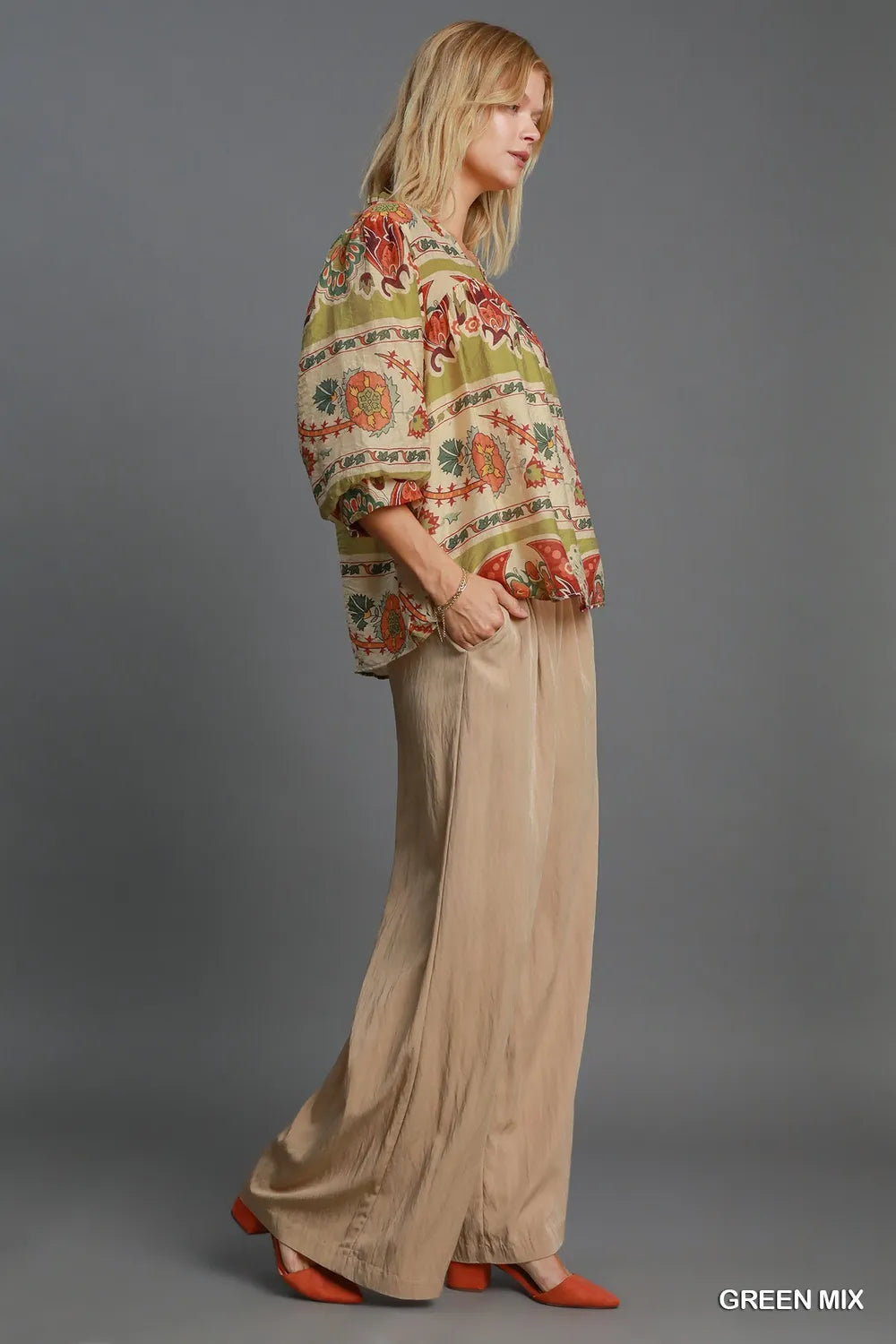 Yellow-Green Umgee Full Size Border Print Notched 3 4 Puff Sleeve Blouse Plus Size