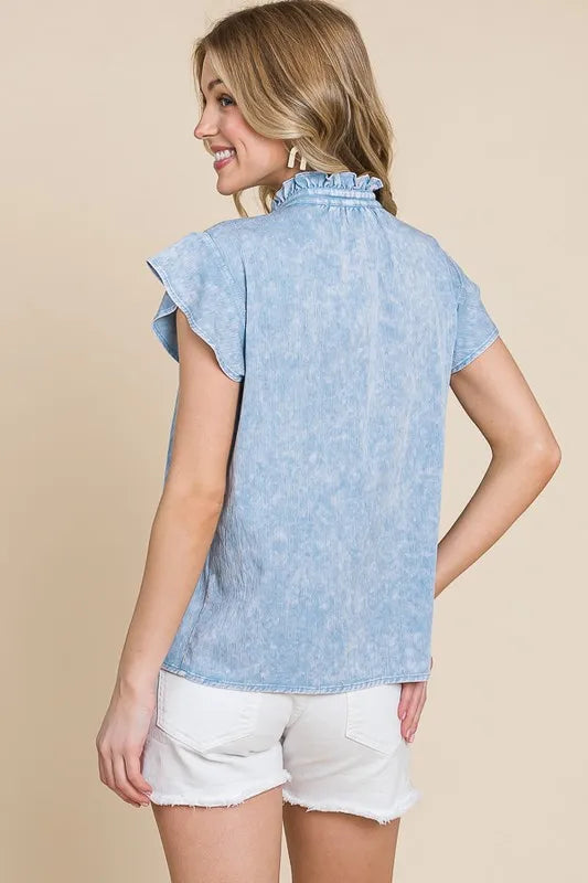 Lt Denim Lime N Chili Mineral Wash Flutter Sleeve Button Down Shirt