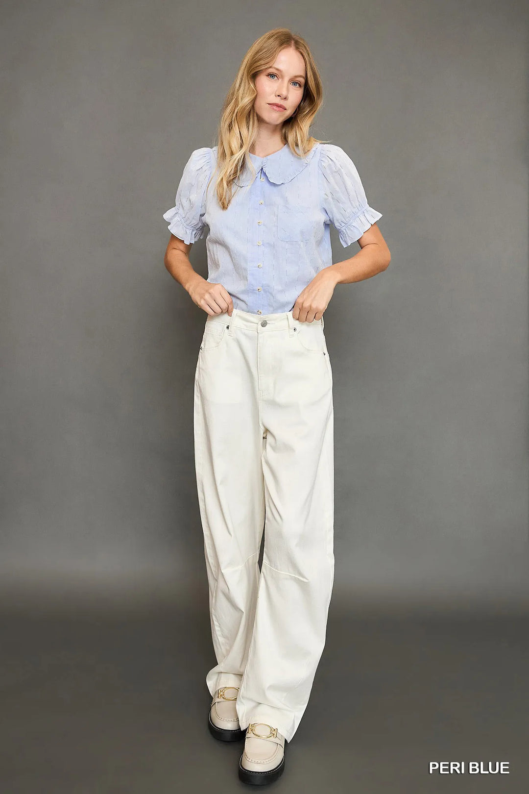 Umgee Peter Pan Collared Button Down Textured Shirt With Ruffled Detail