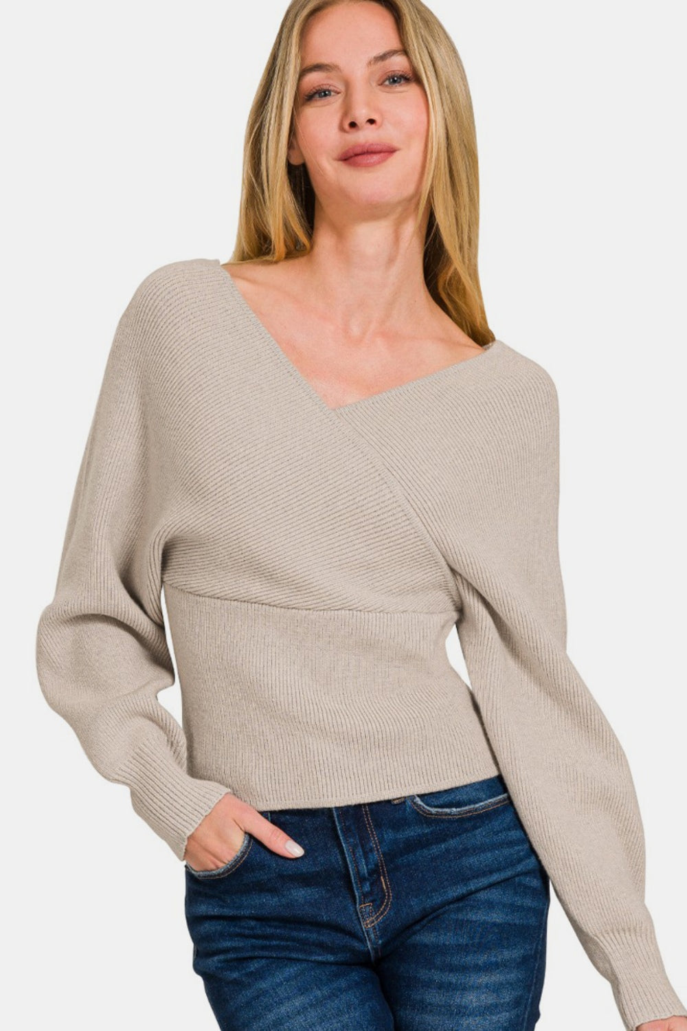 H Mocha Zenana Cross Wrap Rib Long Sleeve Sweater