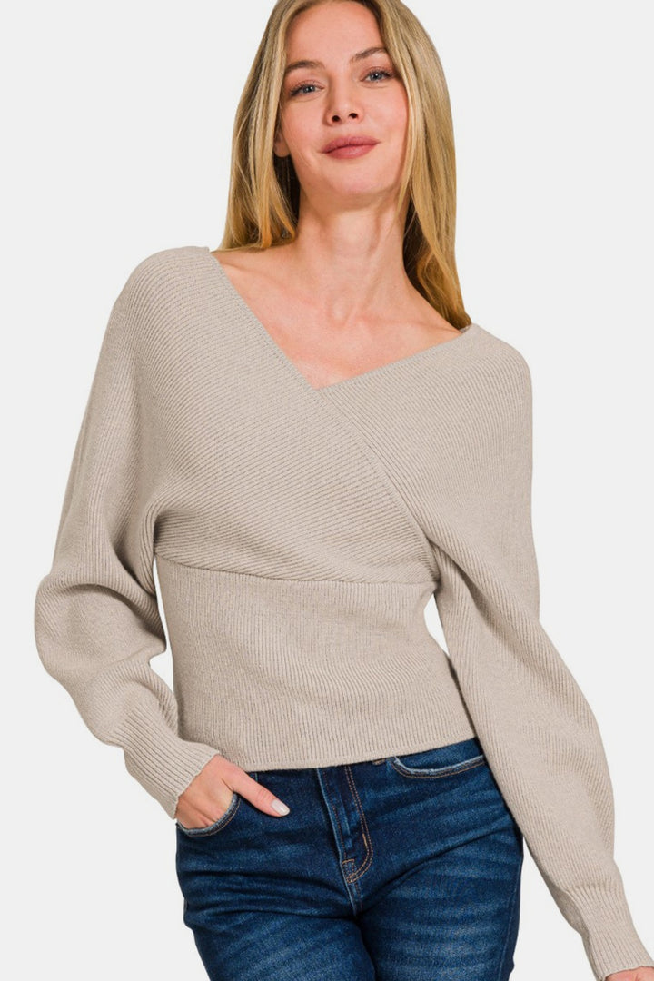 H Mocha Zenana Cross Wrap Rib Long Sleeve Sweater