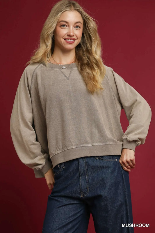 Mushroom Umgee Mineral Wash French Terry Sweatshirt
