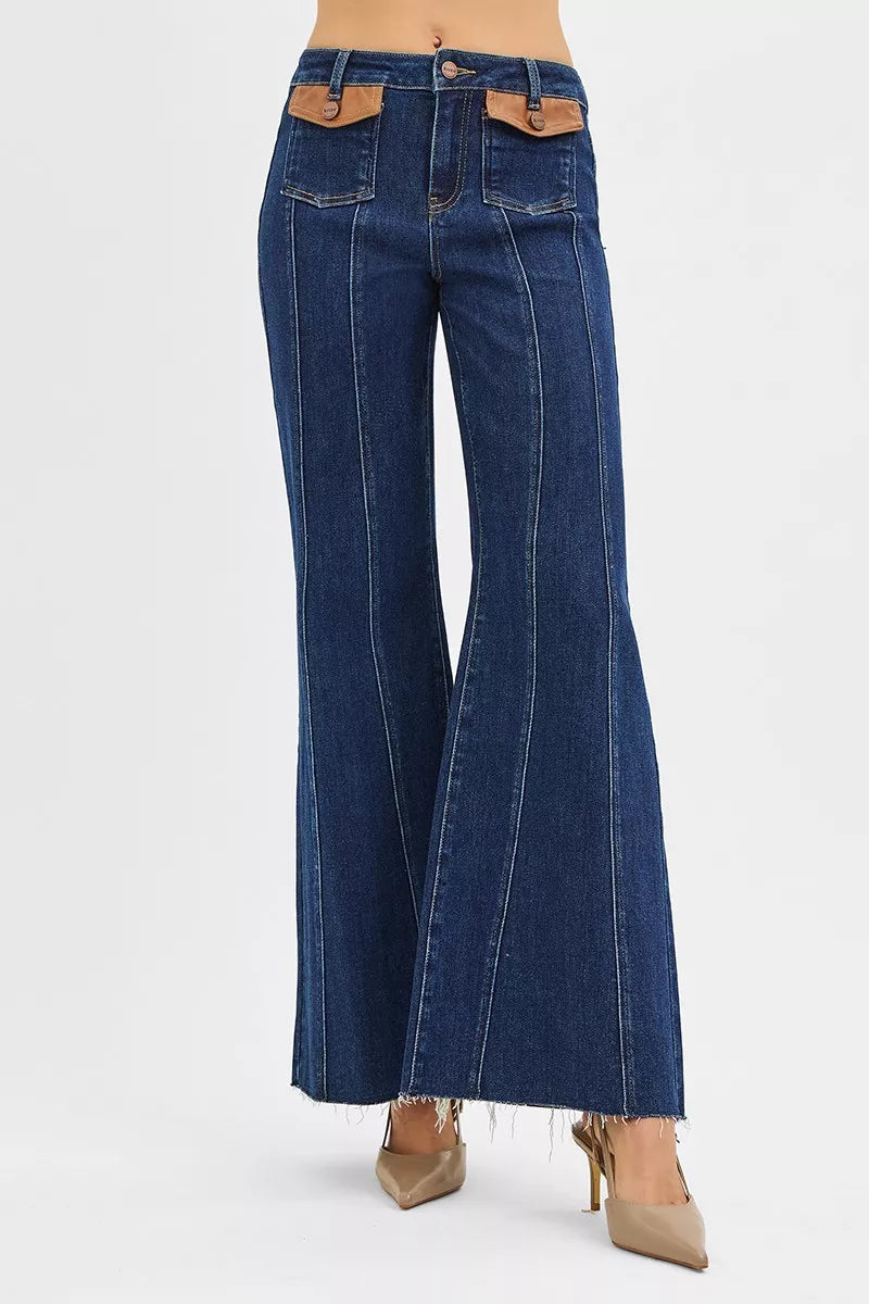 Dark Risen High Rise Wide Flare Jeans With Front Leather Pocket Detail