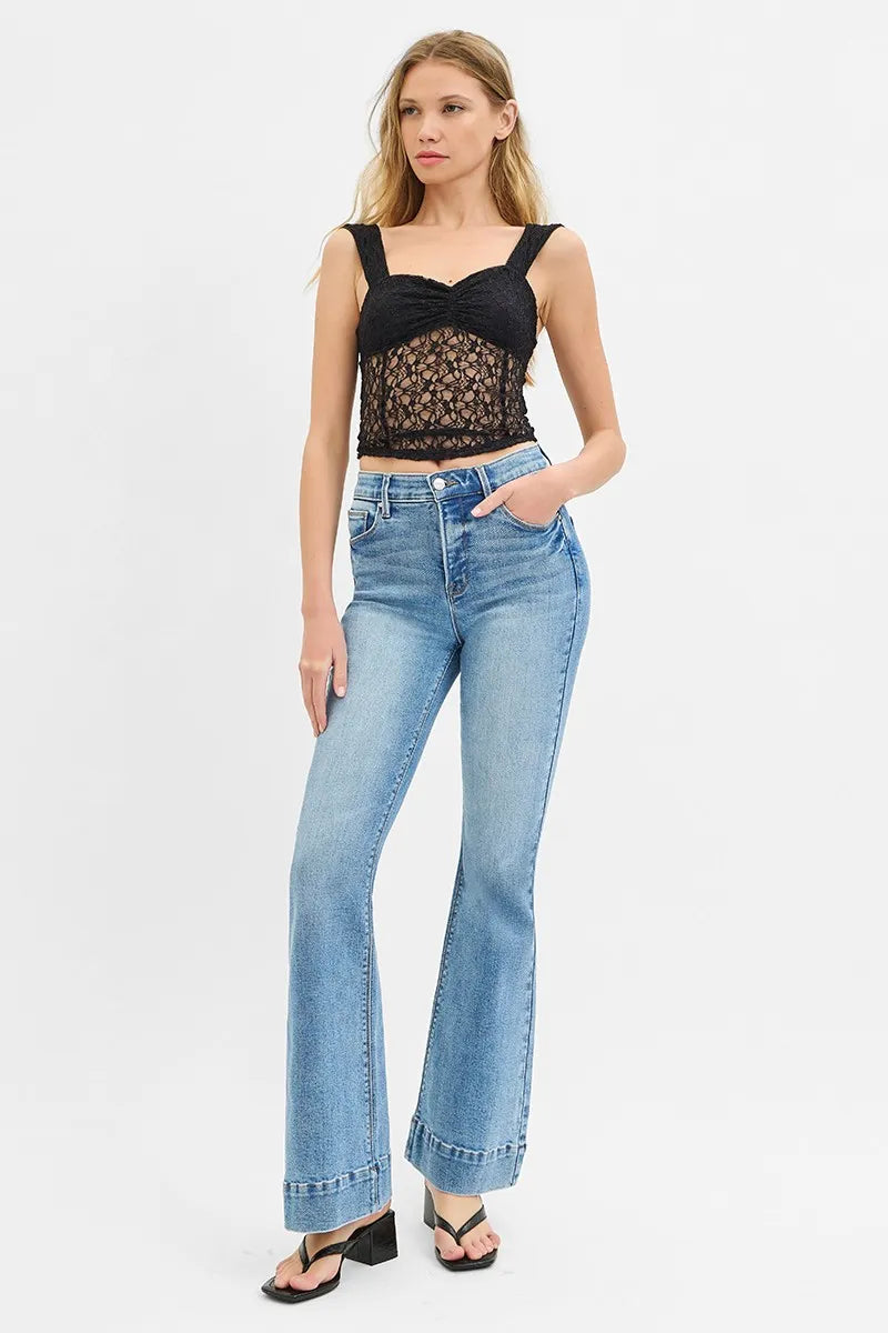 Medium Risen Full Size Tummy Control Elastic Band High Rise Flare Jeans Plus Size