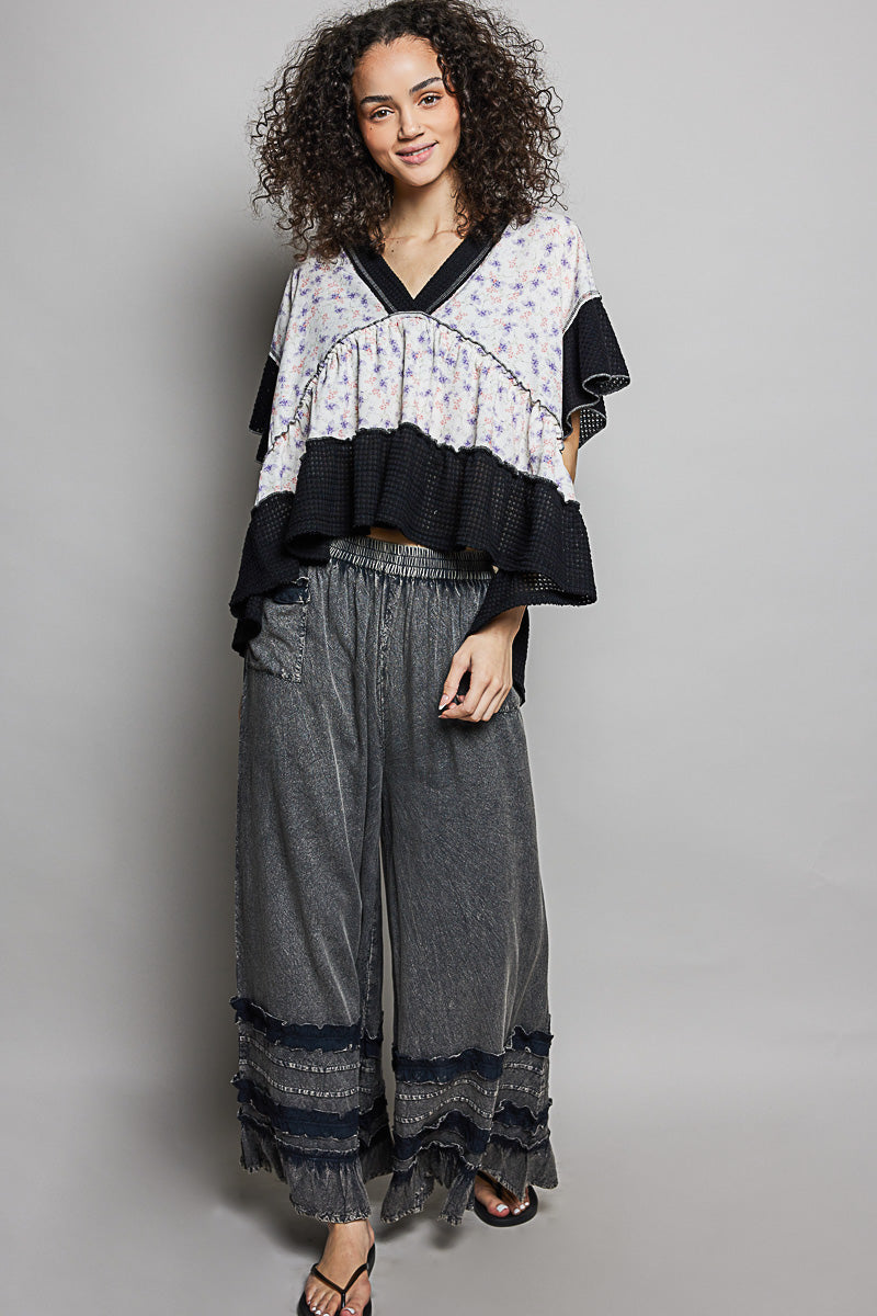 Pol Floral Print V Neck Woven Blouse With Gentle Gathers 1