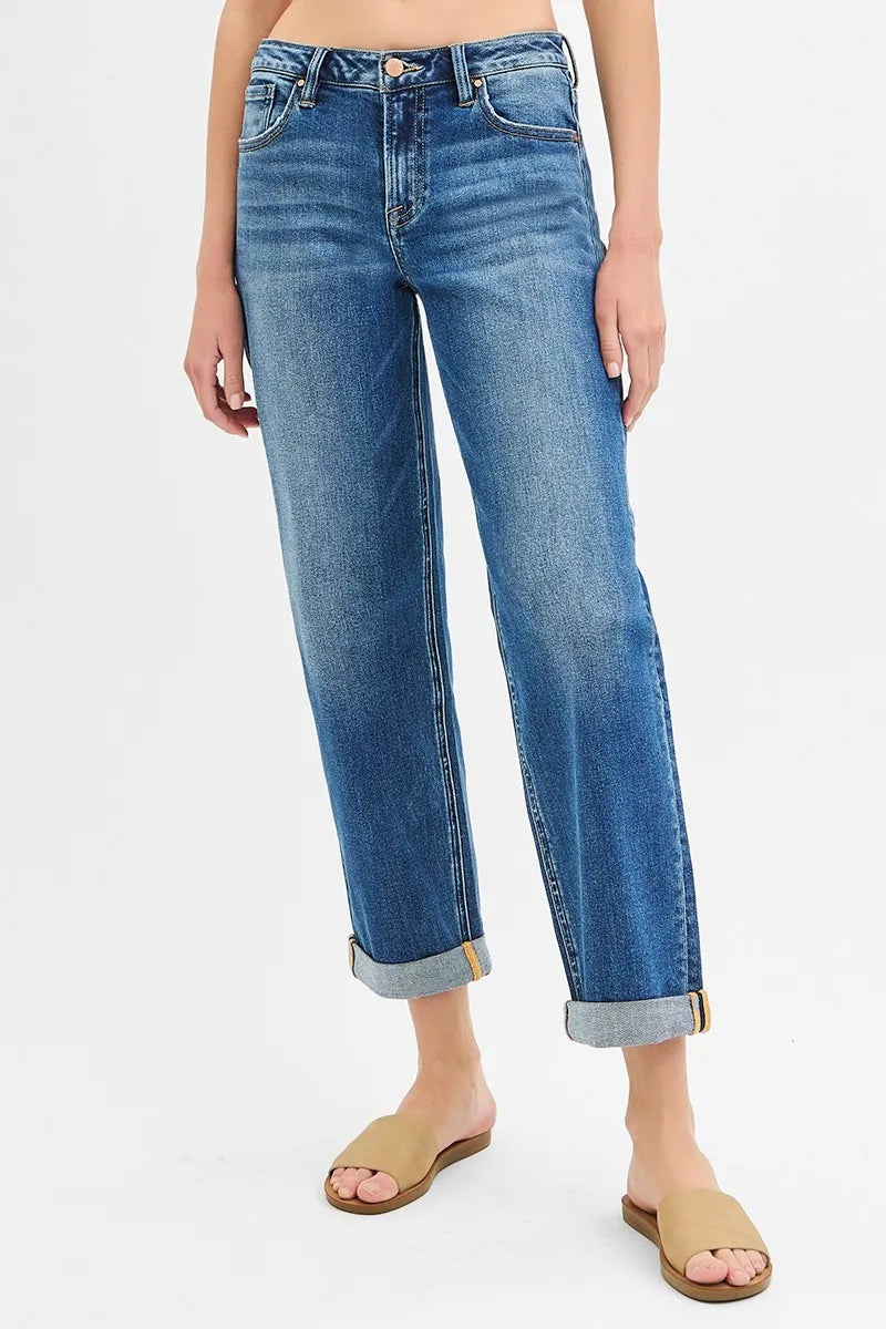 Dark Risen Full Size Mid Rise Boyfriend Roll Up Jeans Plus Size