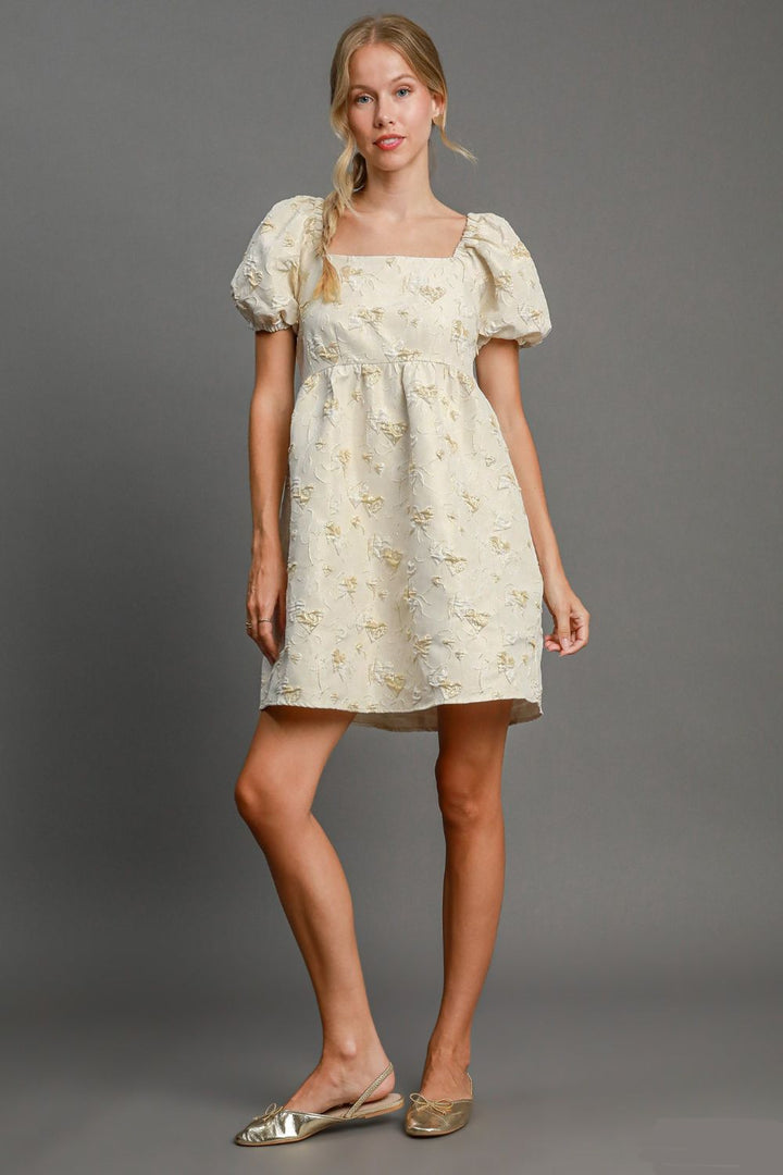 Cream Umgee Heart Jacquard Square Neck Puff Sleeve Mini Dress