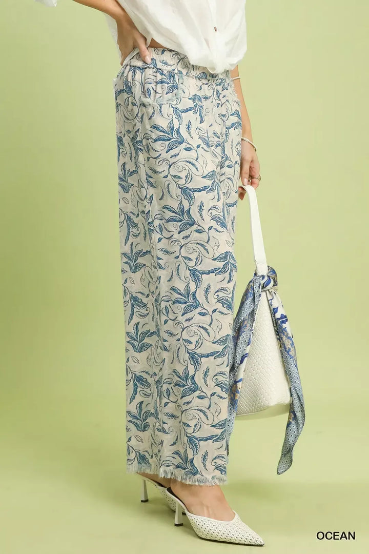Ocean Umgee Linen Printed Wide Leg Raw Hem Pants