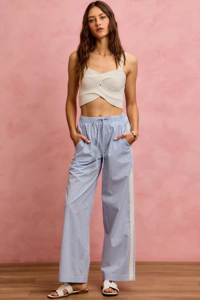 So Me Wide Check Pants With Side Lace Trim And Piping