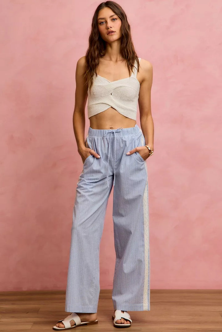 So Me Wide Check Pants With Side Lace Trim And Piping