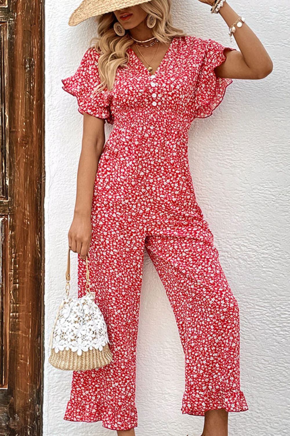 Floral Perfee Printed Tie Back Ruffled Jumpsuit