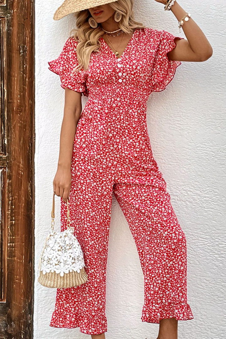 Floral Perfee Printed Tie Back Ruffled Jumpsuit