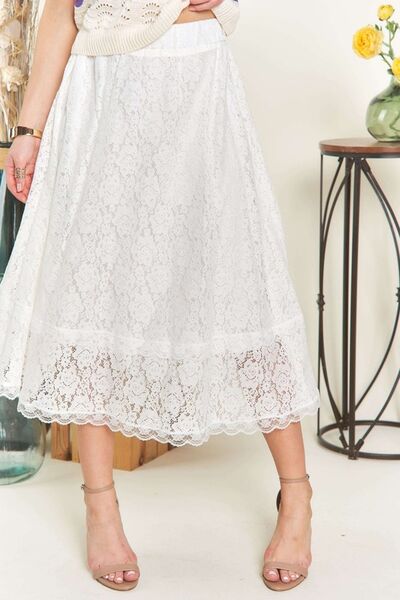 White Adora Elastic Waist Lace Midi Skirt 1