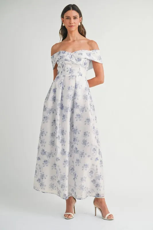 Blue Mable Floral Printed Off Shoulder Maxi Dress