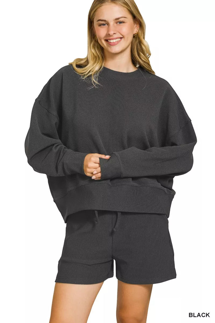 Black Zenana Ribbed Round Neck Pullover And Shorts Set 5