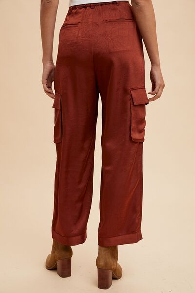 Burgundy Annie Wear Wide Leg Cargo Satin Pants 1